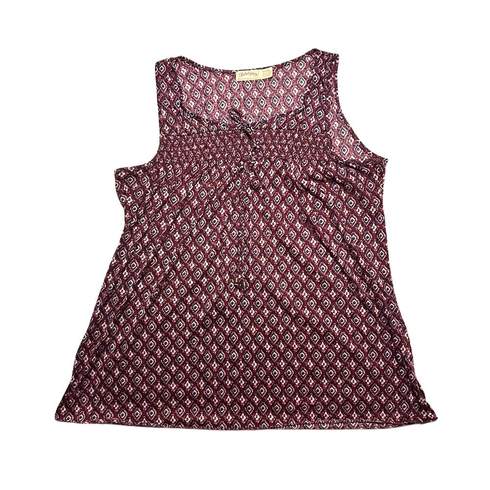 Faded Glory L 12/14 Burgundy Geometric Smocked Tank Top Keyhole Boho Y2K